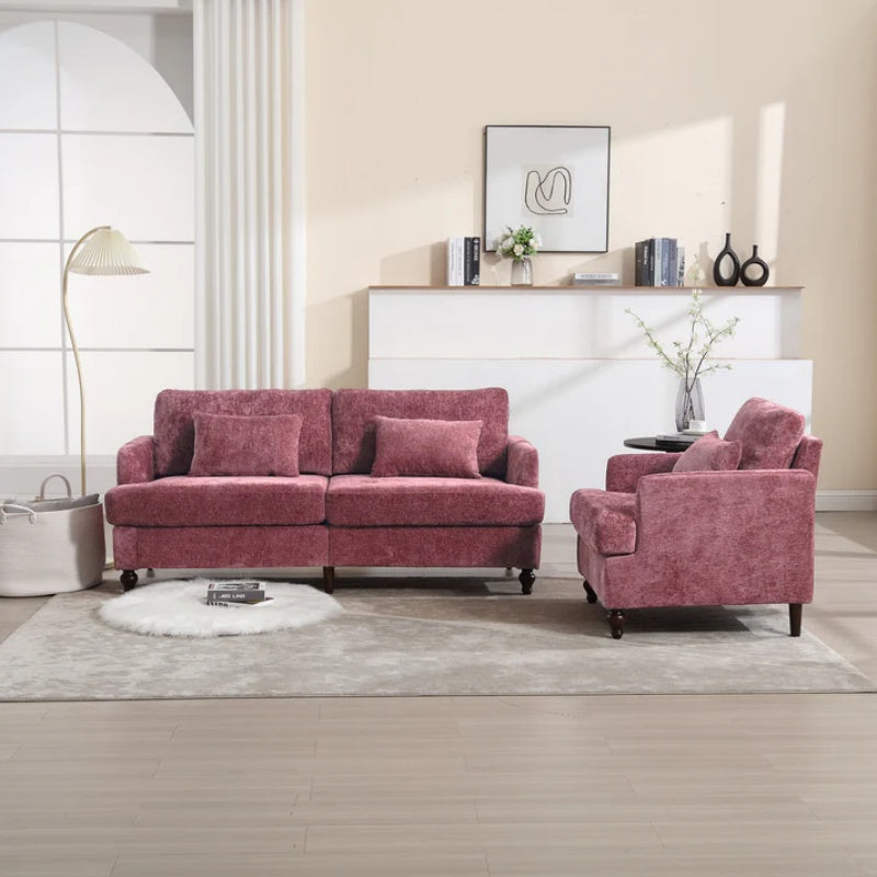 Mid Century Modern Chenille Fabric Loveseat Sofa, 2-Seat Upholstered Couch with Brown Wood Feet, Wine Red-海智集-Default-