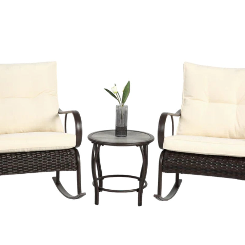 3 Pieces Patio Furniture Set Rocking Bistro Set Outdoor Rattan Conversation with Coffee Table for Garden Balcony Backyard Poolside-海智集-Default-