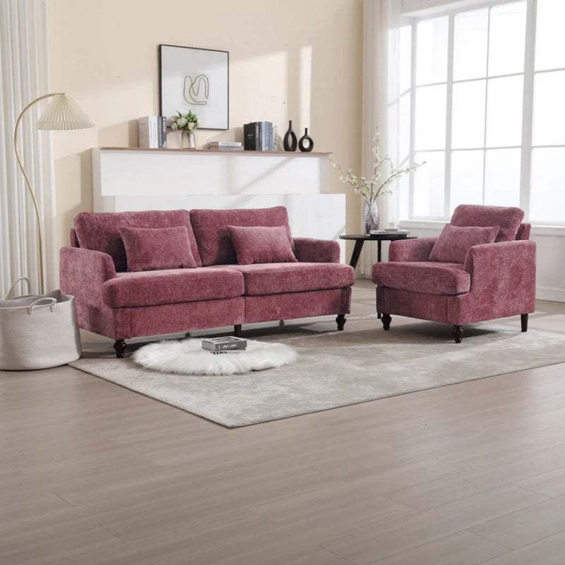 Mid Century Modern Chenille Fabric Loveseat Sofa, 2-Seat Upholstered Couch with Brown Wood Feet, Wine Red-海智集-Default-