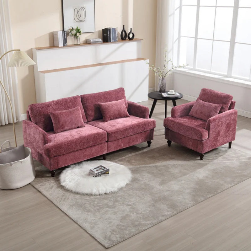 Mid Century Modern Chenille Fabric Loveseat Sofa, 2-Seat Upholstered Couch with Brown Wood Feet, Wine Red-海智集-Default-