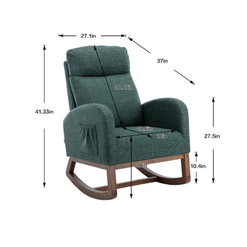 Rocking Chair, Modern Glider Chair, Recliner Armchair with Wood Legs and Side Pocket, Nursery Rocking Accent Chair with High Back for Living Room Bedroom (Emerald linen)-海智集-Default-