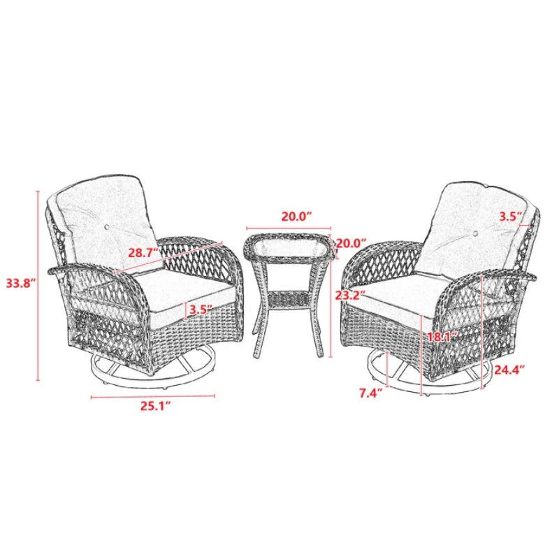 3 Pieces Outdoor Swivel Rocker Patio Chairs, 360 Degree Rocking Patio Conversation Set with Thickened Cushions and Glass Coffee Table for Backyard, Khaki-海智集-Default-