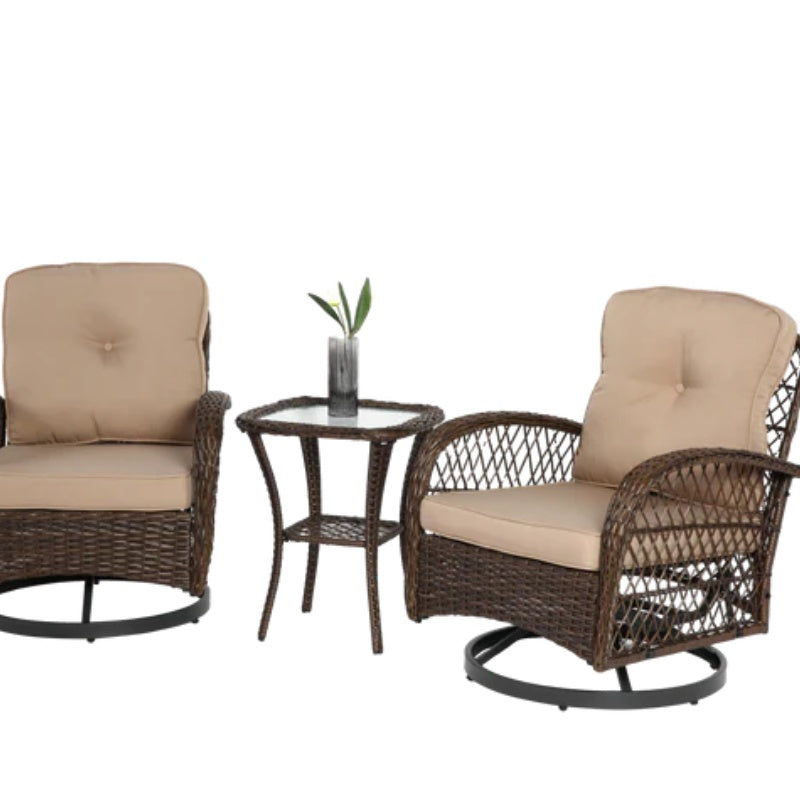 3 Pieces Outdoor Swivel Rocker Patio Chairs, 360 Degree Rocking Patio Conversation Set with Thickened Cushions and Glass Coffee Table for Backyard, Khaki-海智集-Default-