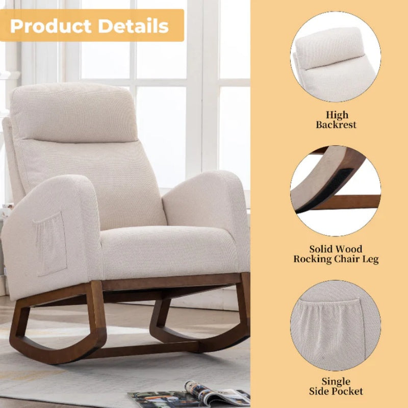 Rocking Chair, Modern Glider Chair, Recliner Armchair with Wood Legs and Side Pocket, Nursery Rocking Accent Chair with High Back for Living Room Bedroom (Beige linen)-海智集-Default-