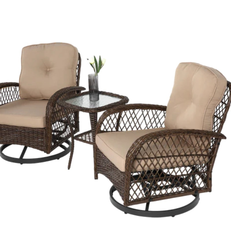 3 Pieces Outdoor Swivel Rocker Patio Chairs, 360 Degree Rocking Patio Conversation Set with Thickened Cushions and Glass Coffee Table for Backyard, Khaki-海智集-Default-