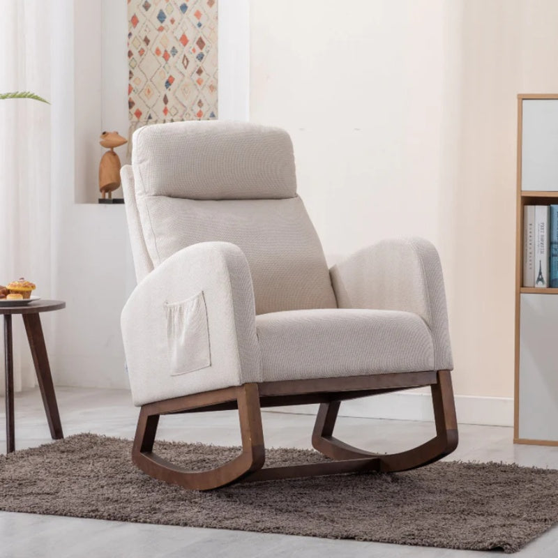 Rocking Chair, Modern Glider Chair, Recliner Armchair with Wood Legs and Side Pocket, Nursery Rocking Accent Chair with High Back for Living Room Bedroom (Beige linen)-海智集-Default-