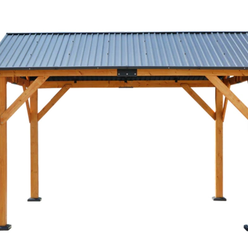 Fir Wood Carport Pavilion Gazebo, Shade, Rain, Hard Top Steel Metal Roof, All Weather Protected, with Galvanized Steel Roof, Wooden Frame-海智集-Default-