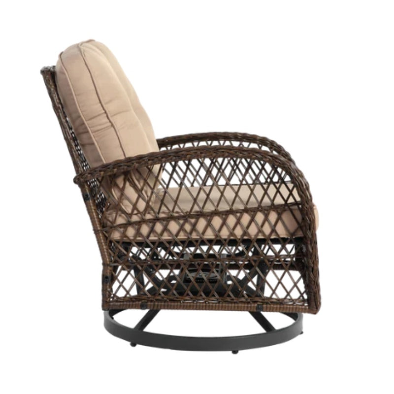 3 Pieces Outdoor Swivel Rocker Patio Chairs, 360 Degree Rocking Patio Conversation Set with Thickened Cushions and Glass Coffee Table for Backyard, Khaki-海智集-Default-