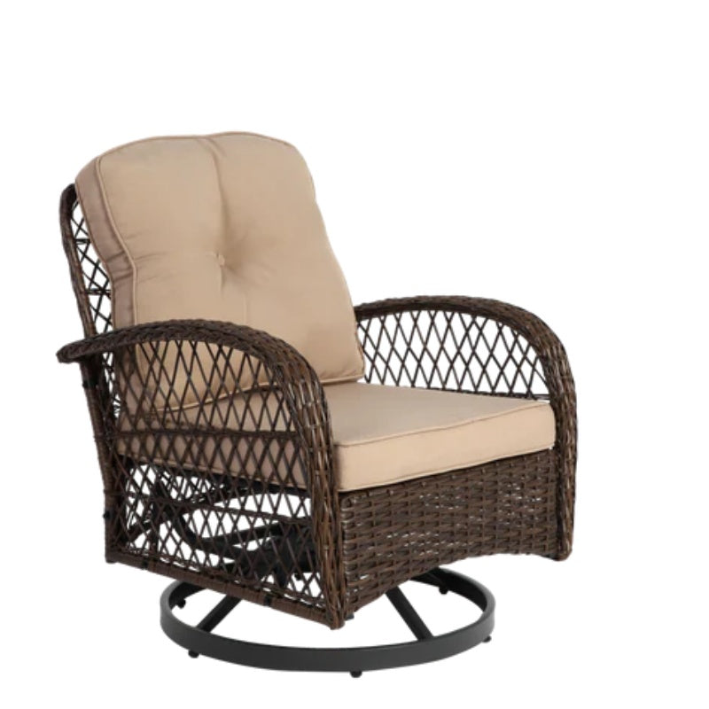 3 Pieces Outdoor Swivel Rocker Patio Chairs, 360 Degree Rocking Patio Conversation Set with Thickened Cushions and Glass Coffee Table for Backyard, Khaki-海智集-Default-