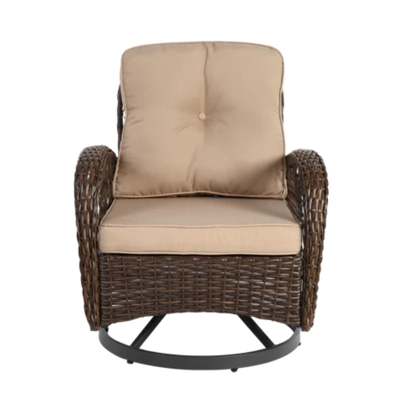 3 Pieces Outdoor Swivel Rocker Patio Chairs, 360 Degree Rocking Patio Conversation Set with Thickened Cushions and Glass Coffee Table for Backyard, Khaki-海智集-Default-