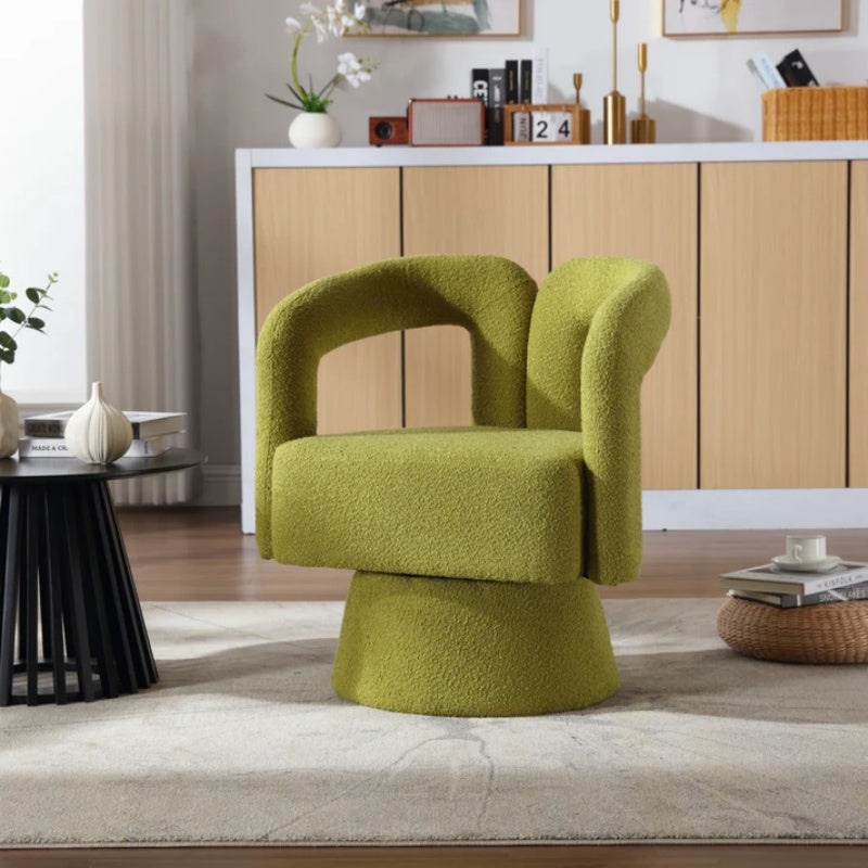 COOLMORE 360 Degree Swivel Cuddle Barrel Accent Chairs, Round Armchairs with Wide Upholstered, Fluffy Fabric Chair for Living Room, Bedroom, Office, Waiting Rooms (Olive Green Boucle)-海智集-Default-