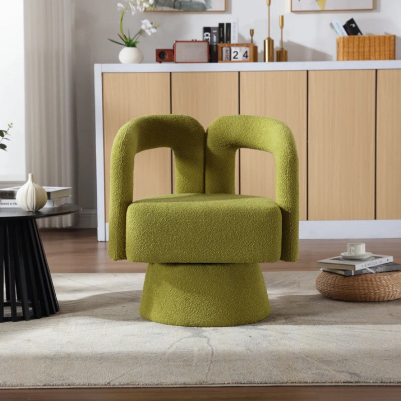 COOLMORE 360 Degree Swivel Cuddle Barrel Accent Chairs, Round Armchairs with Wide Upholstered, Fluffy Fabric Chair for Living Room, Bedroom, Office, Waiting Rooms (Olive Green Boucle)-海智集-Default-