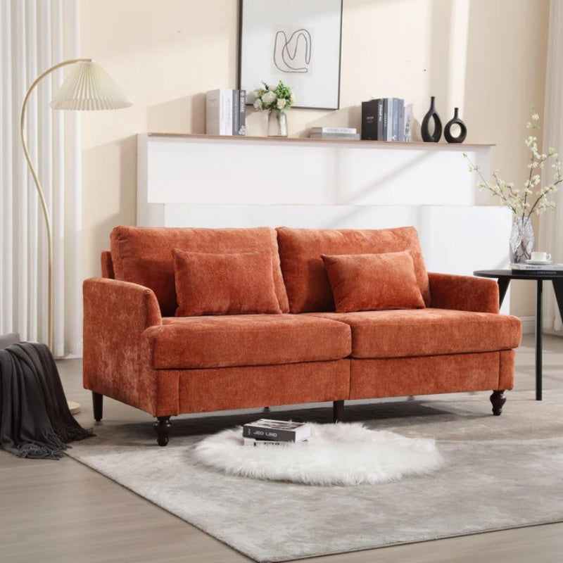 Mid Century Modern Chenille Fabric Loveseat Sofa with Brown Wood Feet, 2-Seat Upholstered Couch in Orange for Living Room or Bedroom-海智集-Default-