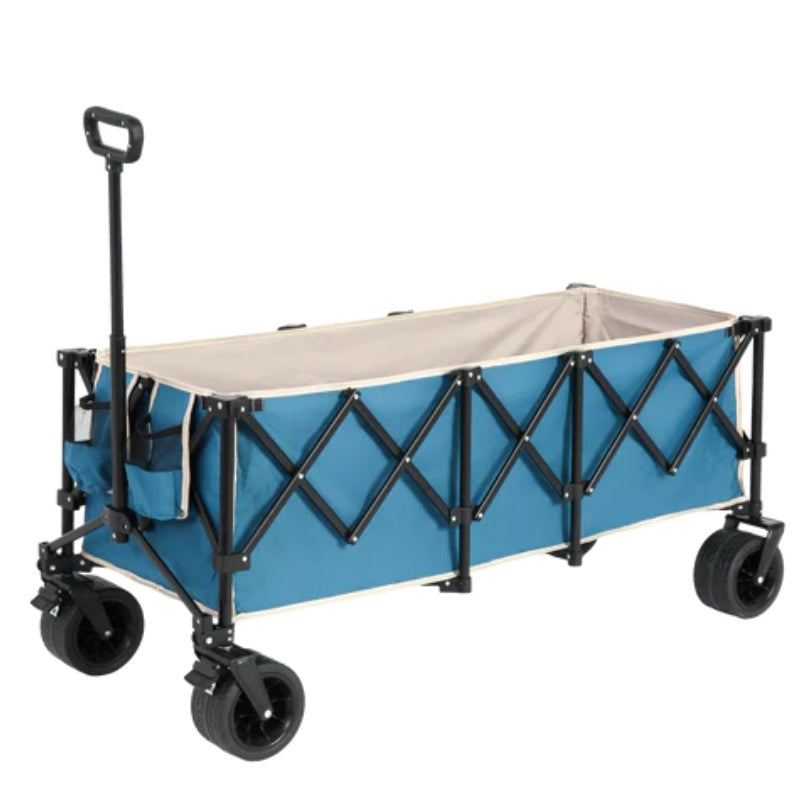 Foldable Extended Wagon with 220lbs Weight Capacity, Heavy Duty 300L Folding Utility Garden Cart with Big All-Terrain Beach Wheels & Drink Holders. Blue-海智集-Default-