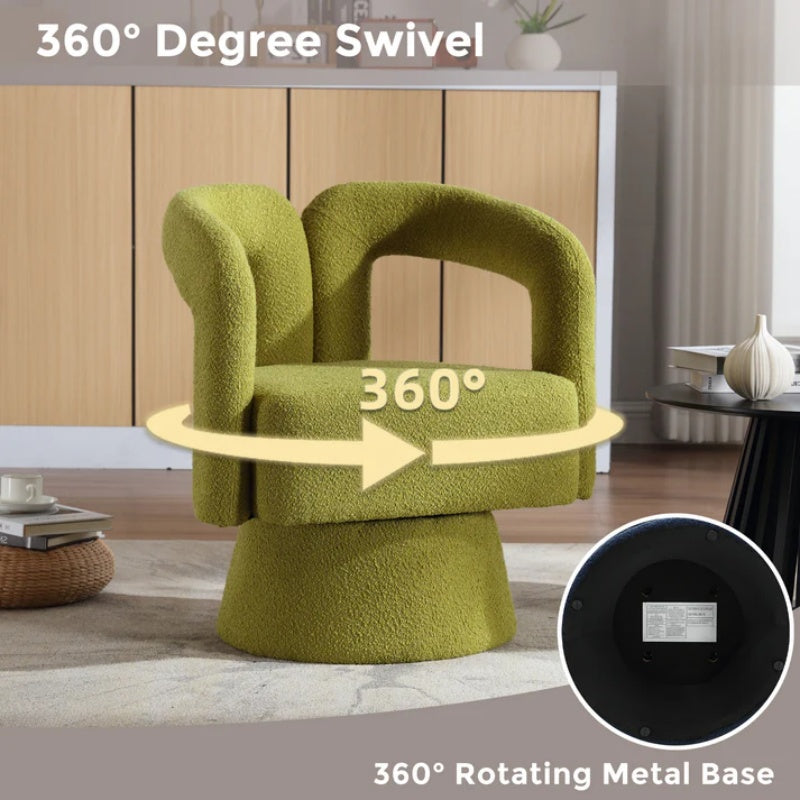COOLMORE 360 Degree Swivel Cuddle Barrel Accent Chairs, Round Armchairs with Wide Upholstered, Fluffy Fabric Chair for Living Room, Bedroom, Office, Waiting Rooms (Olive Green Boucle)-海智集-Default-