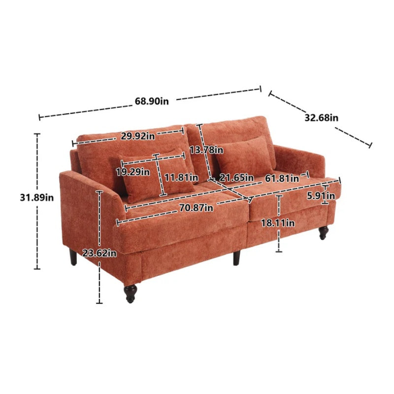 Mid Century Modern Chenille Fabric Loveseat Sofa with Brown Wood Feet, 2-Seat Upholstered Couch in Orange for Living Room or Bedroom-海智集-Default-