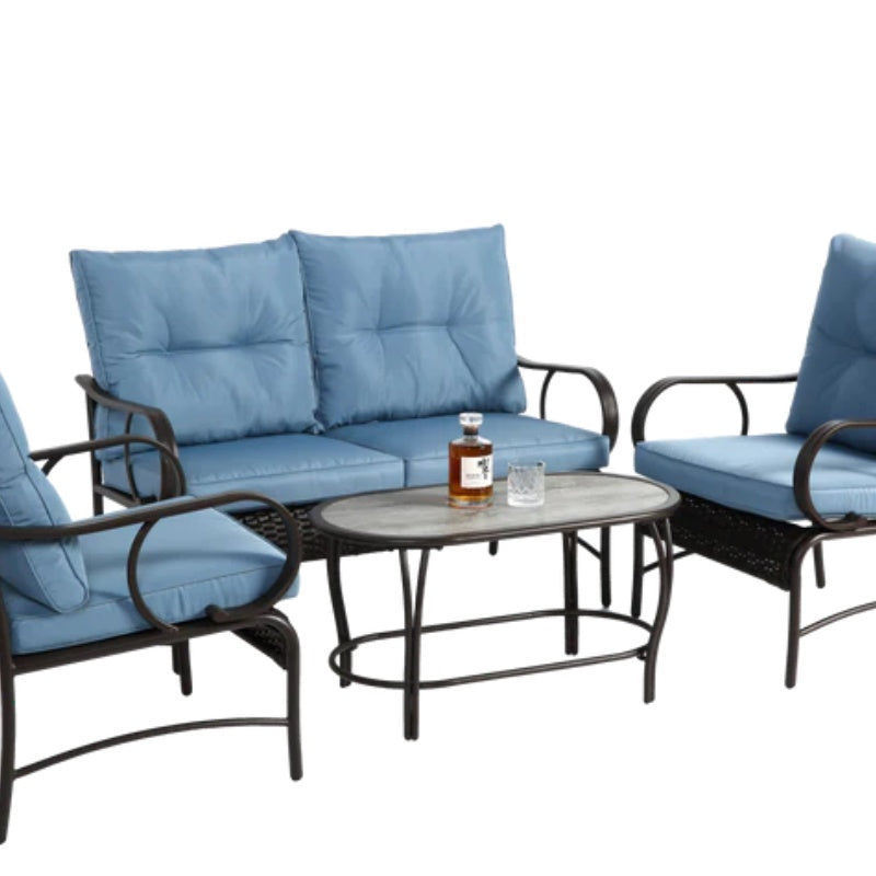 4 Piece Outdoor Patio Furniture Sets, Wicker Conversation Set for Porch Deck, Brown Rattan Sofa Chair with Cushion-海智集-Default-
