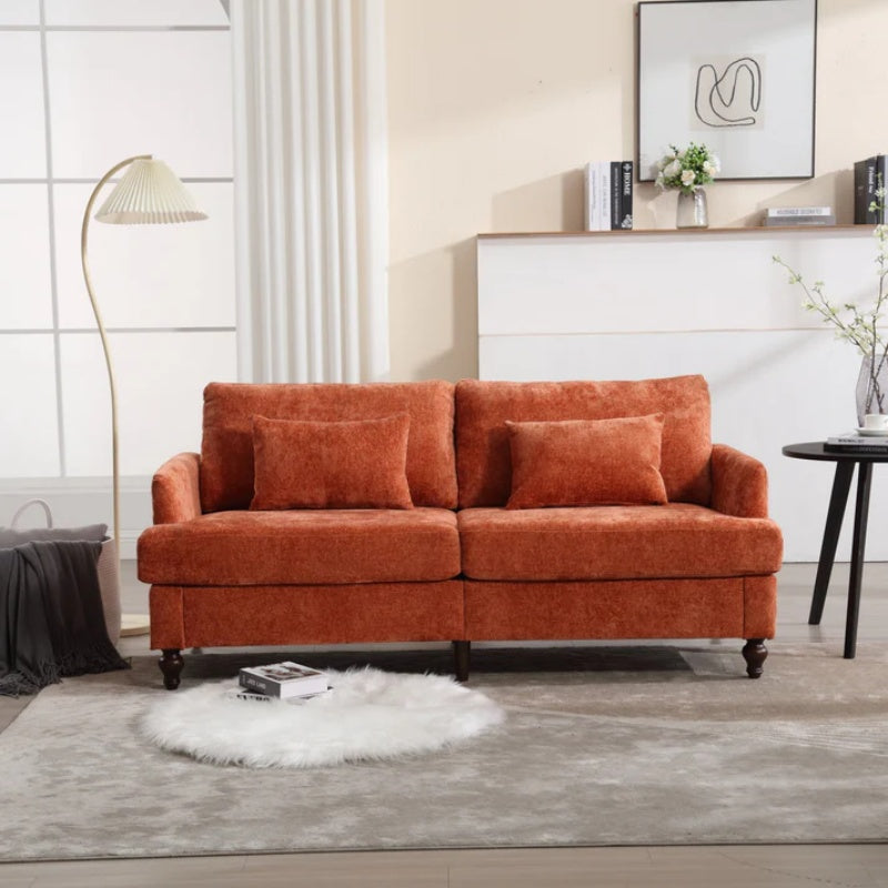 Mid Century Modern Chenille Fabric Loveseat Sofa with Brown Wood Feet, 2-Seat Upholstered Couch in Orange for Living Room or Bedroom-海智集-Default-