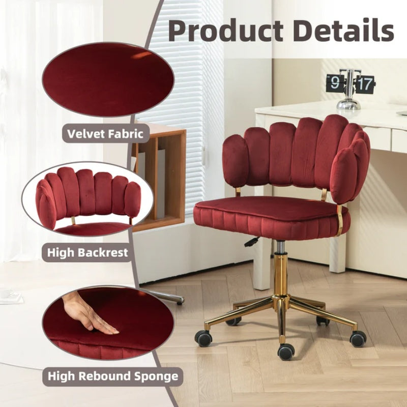 Velvet Home Office Desk Chair, Modern Cute Computer Chair with Swivel Wheels, Height Adjustable, Wine Red Velvet-海智集-Default-