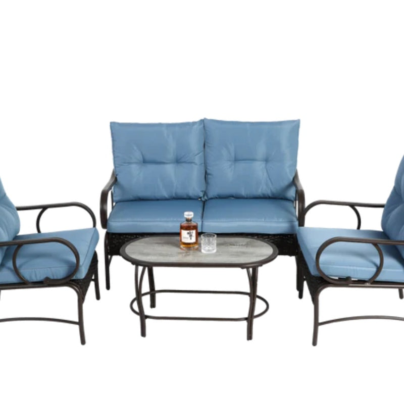 4 Piece Outdoor Patio Furniture Sets, Wicker Conversation Set for Porch Deck, Brown Rattan Sofa Chair with Cushion-海智集-Default-