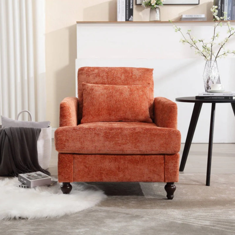 Modern Mid Century Wood Frame Armchair with Tufted Design and Orange Chenille Upholstery-海智集-Default-