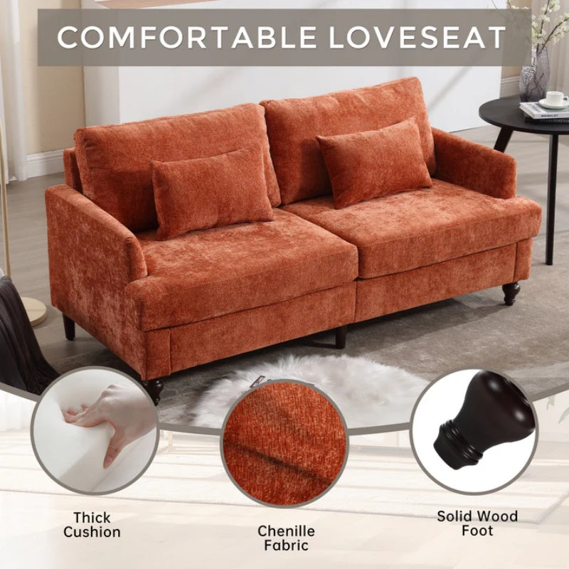 Mid Century Modern Chenille Fabric Loveseat Sofa with Brown Wood Feet, 2-Seat Upholstered Couch in Orange for Living Room or Bedroom-海智集-Default-