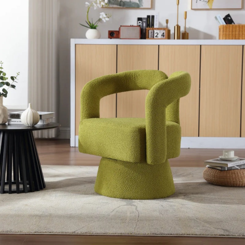 COOLMORE 360 Degree Swivel Cuddle Barrel Accent Chairs, Round Armchairs with Wide Upholstered, Fluffy Fabric Chair for Living Room, Bedroom, Office, Waiting Rooms (Olive Green Boucle)-海智集-Default-
