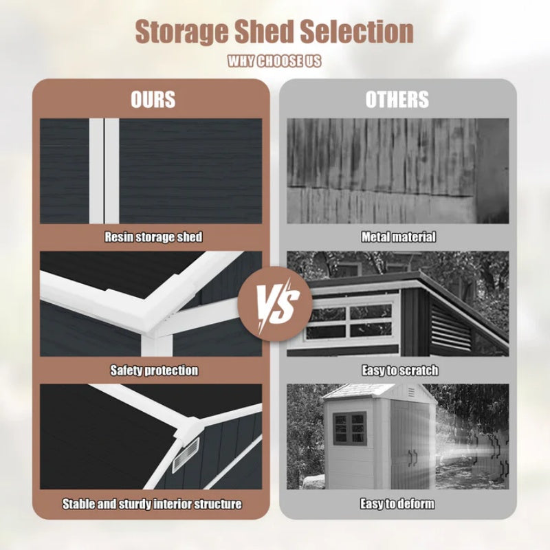 8*7ft Outdoor Storage Shed, Outdoor Resin Shed with Two-Window and Double-Door, Plastic Shed with Floor for Garden, Patio, Yard, Lawn (Dark Gray)-海智集-Default-