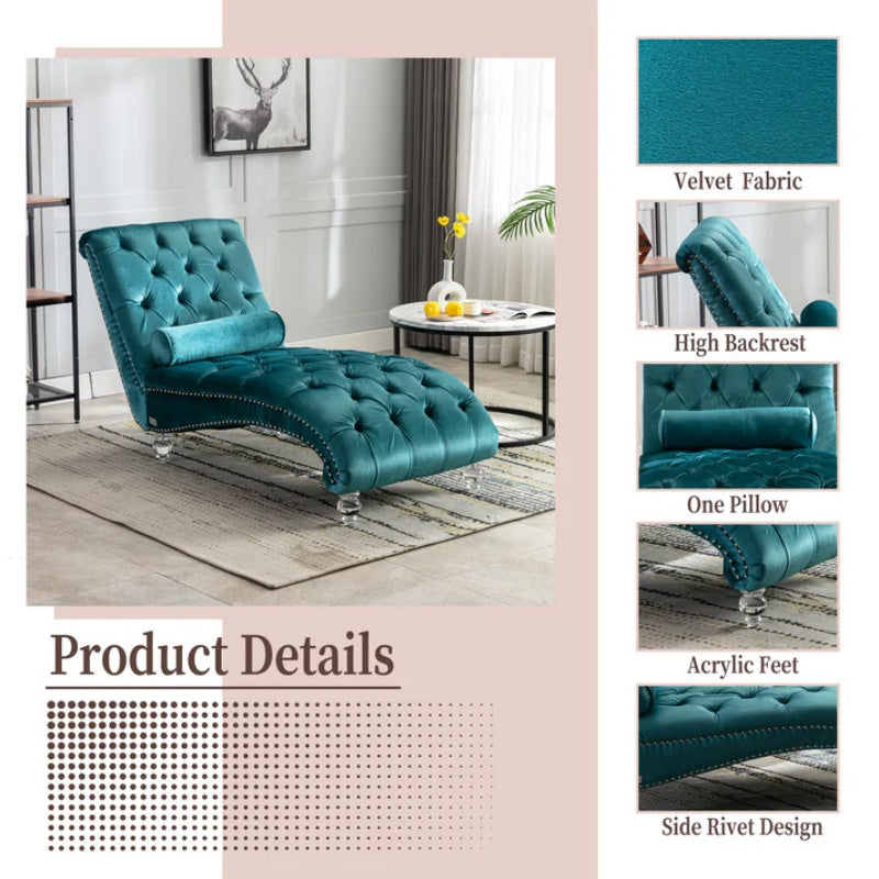 Velvet Chaise Lounge Indoor, Button-Tufted Upholstered Chaise Lounge Chair with Pillow, Teal Velvet, 63.38 inch-海智集-Default-
