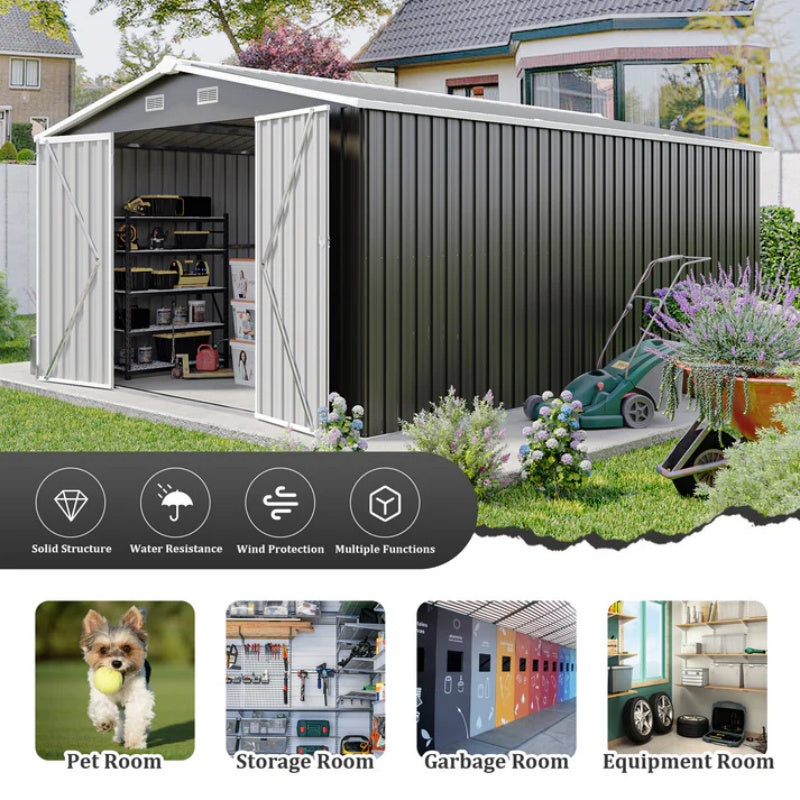 Campcraft Outdoor Storage Shed 10×14 FT with 3 Lockable Doors,Utility Tool Shed Metal Storage Garden Sheds Frame and 4 Vents,for Backyard,Patio,Lawn,dark Grey-海智集-Default-