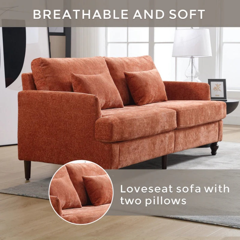 Mid Century Modern Chenille Fabric Loveseat Sofa with Brown Wood Feet, 2-Seat Upholstered Couch in Orange for Living Room or Bedroom-海智集-Default-