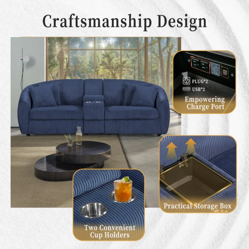 UNITED WE WIN corduroy fabric, two cup holders, storage, oversized two-seat, solid wood frame, high quality sponge filling, curved placement sofa-海智集-Default-