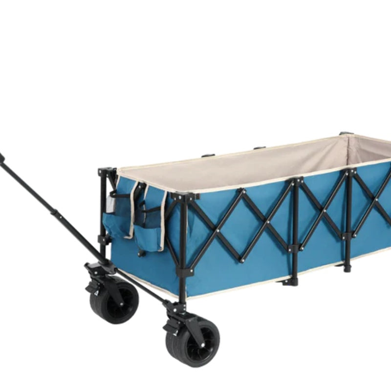 Foldable Extended Wagon with 220lbs Weight Capacity, Heavy Duty 300L Folding Utility Garden Cart with Big All-Terrain Beach Wheels & Drink Holders. Blue-海智集-Default-