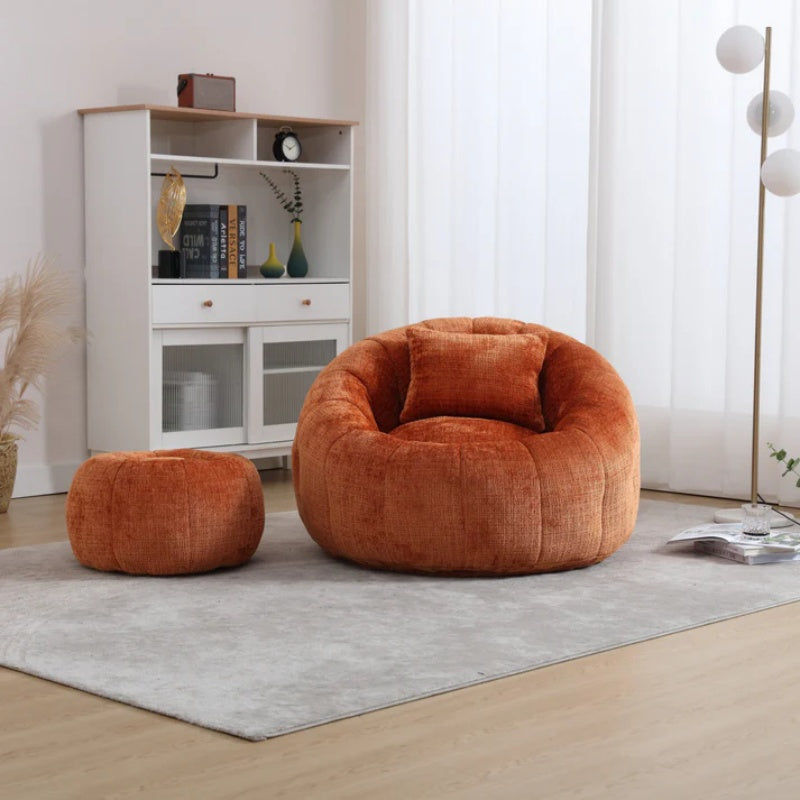 COOLMORE Modern Extra Large Round Bean Bag Chair with Footrest for Living Room, Chenille Fabric Lazy Sofa with Pillow for Adults, Teenagers,Child, Suitable for Bedroom, Dormitory, Study Room-海智集-Default-