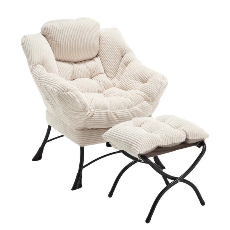 Lazy Chair with Ottoman, Modern Lounge Accent Chair with Armrests and a Side Pocket, Leisure Upholstered Sofa Chair Reading Chair with Footrest for Small Space, Corner Chair-White-海智集-Default-