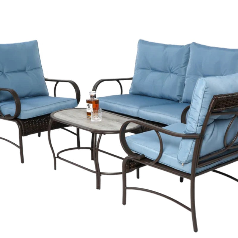 4 Piece Outdoor Patio Furniture Sets, Wicker Conversation Set for Porch Deck, Brown Rattan Sofa Chair with Cushion-海智集-Default-