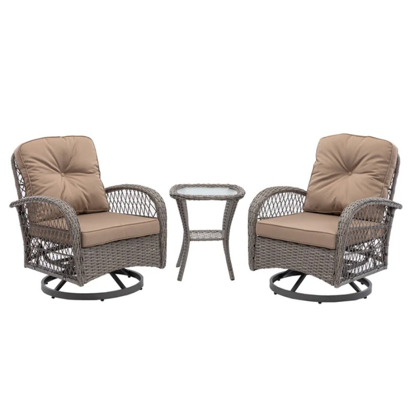 3 Pieces Outdoor Swivel Rocker Patio Chairs, 360 Degree Rocking Patio Conversation Set with Thickened Cushions and Glass Coffee Table for Backyard, Khaki-海智集-Default-