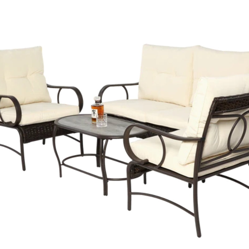 4 Piece Outdoor Patio Furniture Sets, Wicker Conversation Set for Porch Deck, Brown Rattan Sofa Chair with Cushion-海智集-Default-