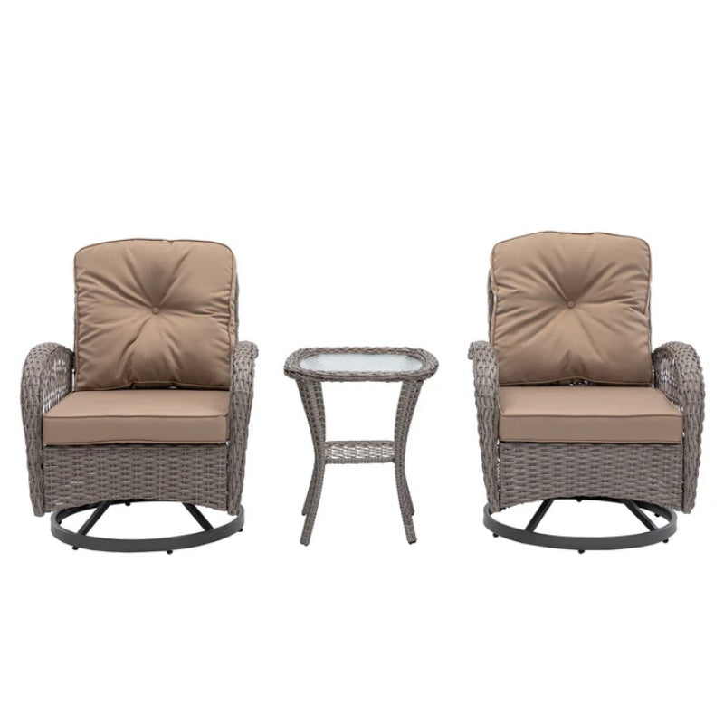 3 Pieces Outdoor Swivel Rocker Patio Chairs, 360 Degree Rocking Patio Conversation Set with Thickened Cushions and Glass Coffee Table for Backyard, Khaki-海智集-Default-