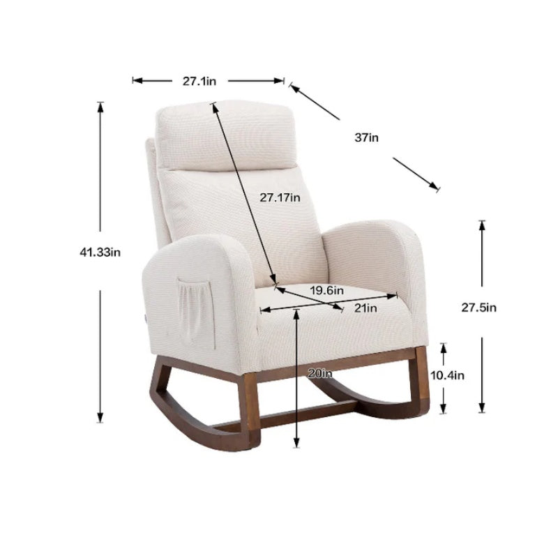 Rocking Chair, Modern Glider Chair, Recliner Armchair with Wood Legs and Side Pocket, Nursery Rocking Accent Chair with High Back for Living Room Bedroom (Beige linen)-海智集-Default-
