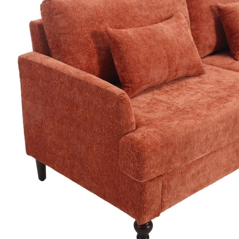 Mid Century Modern Chenille Fabric Loveseat Sofa with Brown Wood Feet, 2-Seat Upholstered Couch in Orange for Living Room or Bedroom-海智集-Default-