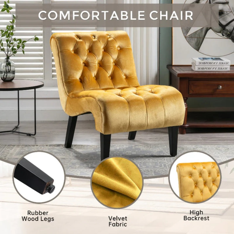 COOLMORE Modern Velvet Armless Accent Living Room Chair / Leisure Chair,Upholstered Fabric Button Comfortable Chair with Wooden Legs for Bedroom, Living Room, Office (Mustard Velvet)-海智集-Default-