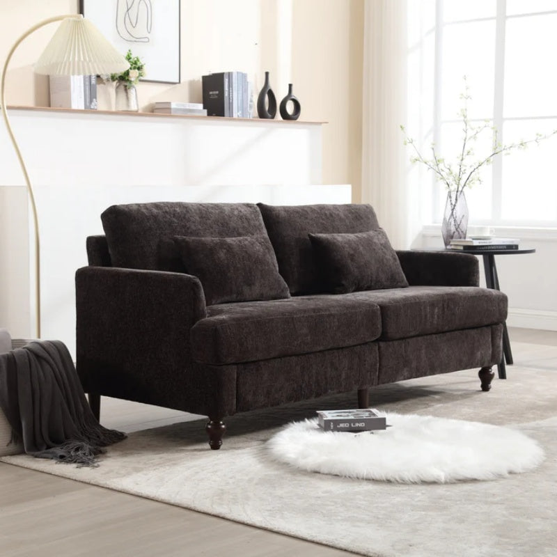 Mid Century Modern Chenille Fabric Loveseat Sofa with Brown Wood Feet, 2-Seat Upholstered Couch for Living Room or Bedroom, Black-海智集-Default-