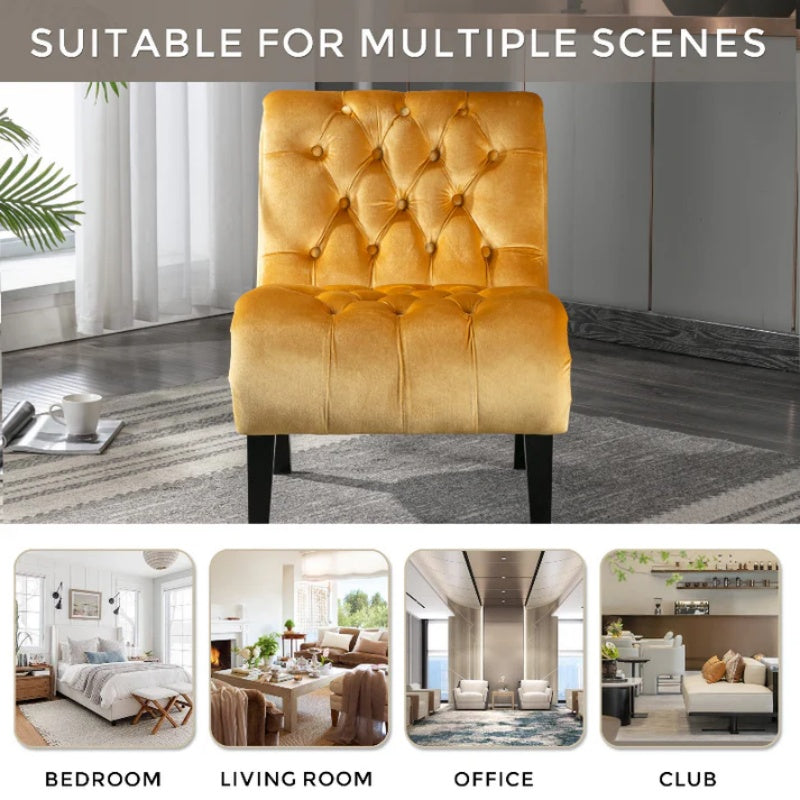 COOLMORE Modern Velvet Armless Accent Living Room Chair / Leisure Chair,Upholstered Fabric Button Comfortable Chair with Wooden Legs for Bedroom, Living Room, Office (Mustard Velvet)-海智集-Default-