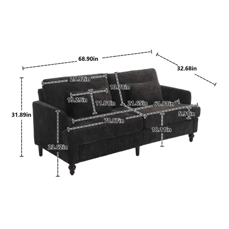 Mid Century Modern Chenille Fabric Loveseat Sofa with Brown Wood Feet, 2-Seat Upholstered Couch for Living Room or Bedroom, Black-海智集-Default-
