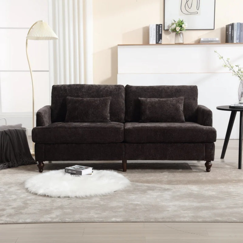 Mid Century Modern Chenille Fabric Loveseat Sofa with Brown Wood Feet, 2-Seat Upholstered Couch for Living Room or Bedroom, Black-海智集-Default-