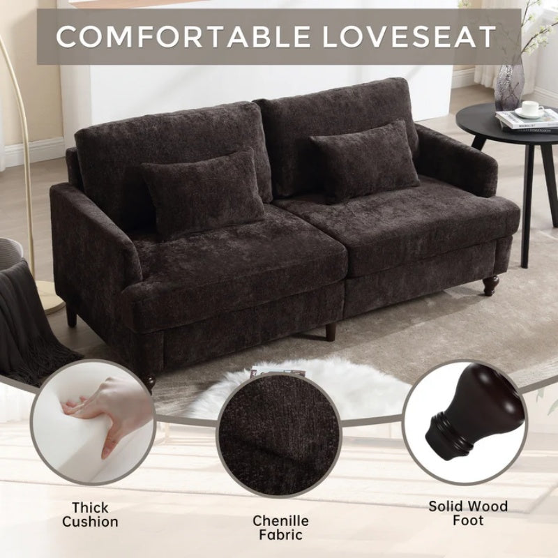 Mid Century Modern Chenille Fabric Loveseat Sofa with Brown Wood Feet, 2-Seat Upholstered Couch for Living Room or Bedroom, Black-海智集-Default-