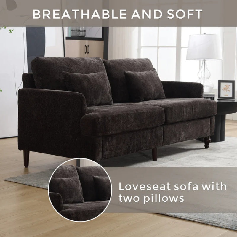 Mid Century Modern Chenille Fabric Loveseat Sofa with Brown Wood Feet, 2-Seat Upholstered Couch for Living Room or Bedroom, Black-海智集-Default-