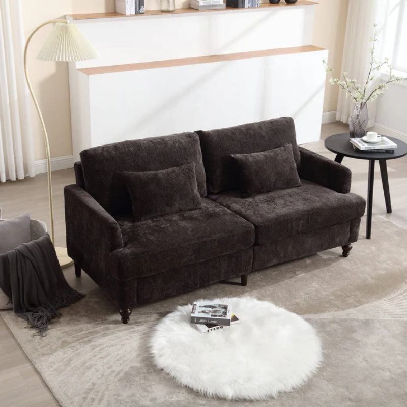 Mid Century Modern Chenille Fabric Loveseat Sofa with Brown Wood Feet, 2-Seat Upholstered Couch for Living Room or Bedroom, Black-海智集-Default-