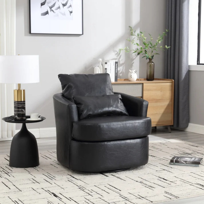 Modern Swivel Barrel Club Chair, Comfy Accent Sofa with 360 Degree Swivel, Black PU Leather, 32.68x30.31x24.80 Inches-海智集-Default-